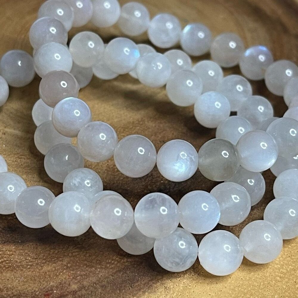 White Moonstone beaded bracelet 7” crystal healing beads 8mm blue flash